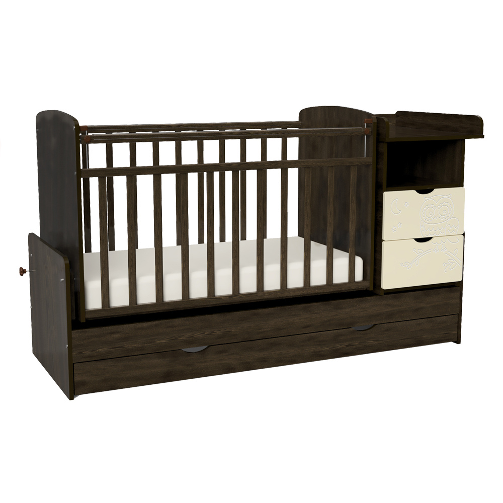 Кроватка трансформер детская Indigo Соната для новорожденных с маятником, комодом и ящиком, венге, бежевый #1