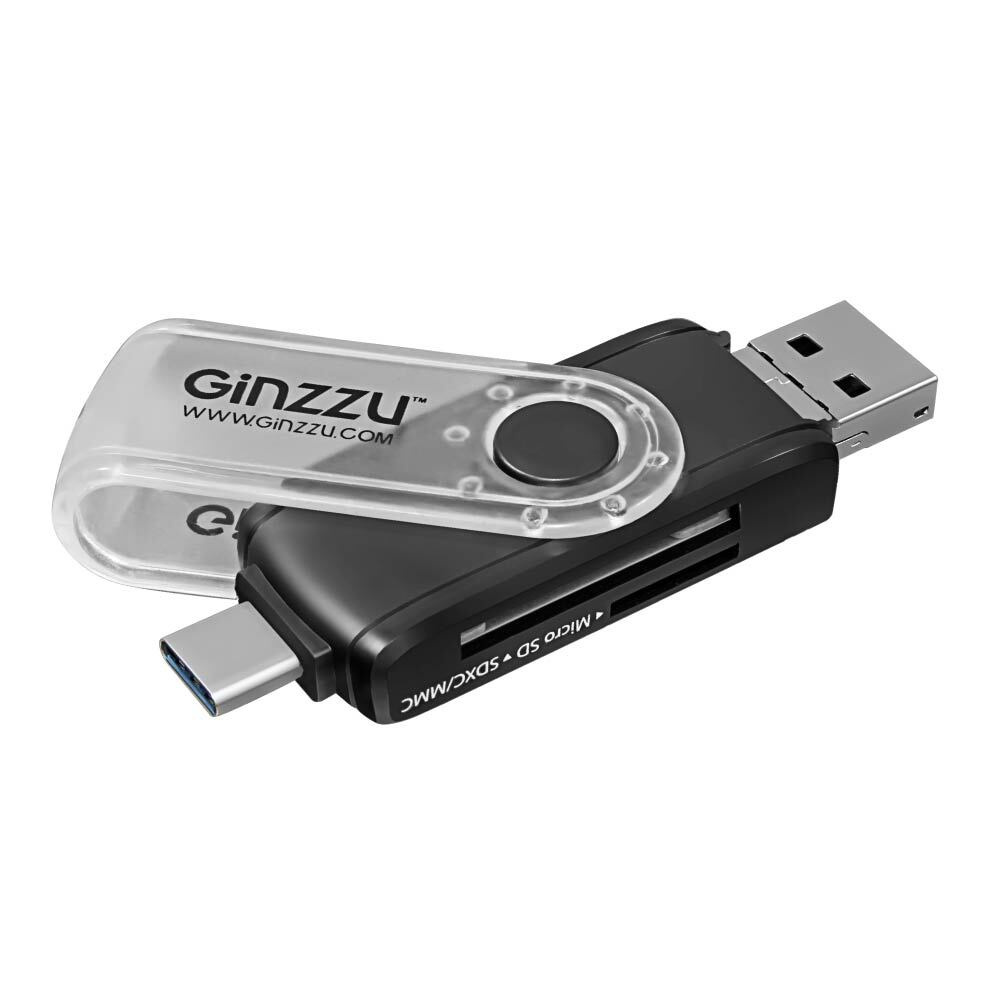 Картридер USB 2.0 & microUSB & Type C Ginzzu GR-325B, поддержка OTG, 2 слота для карт памяти microSDXC/SDXC, #1