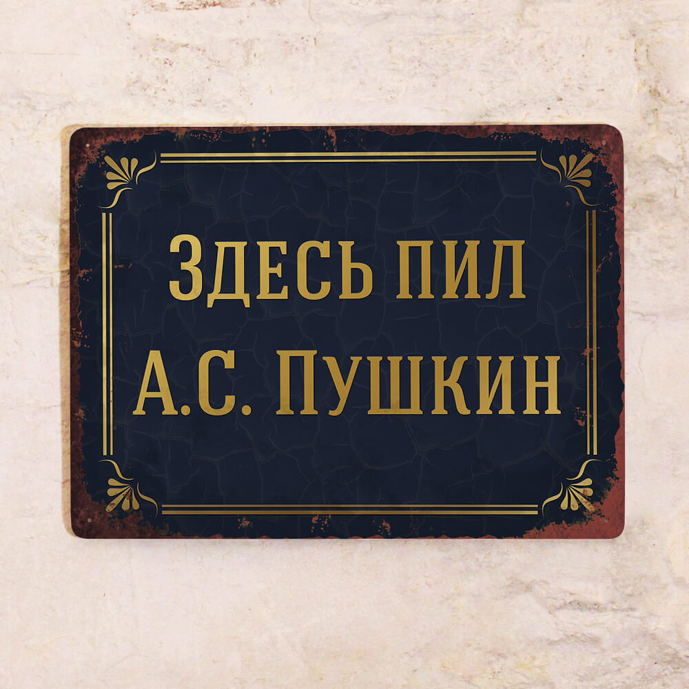 Жестяная табличка Здесь пил Пушкин, сувениры Петербурга, металл, 20х30 см  #1