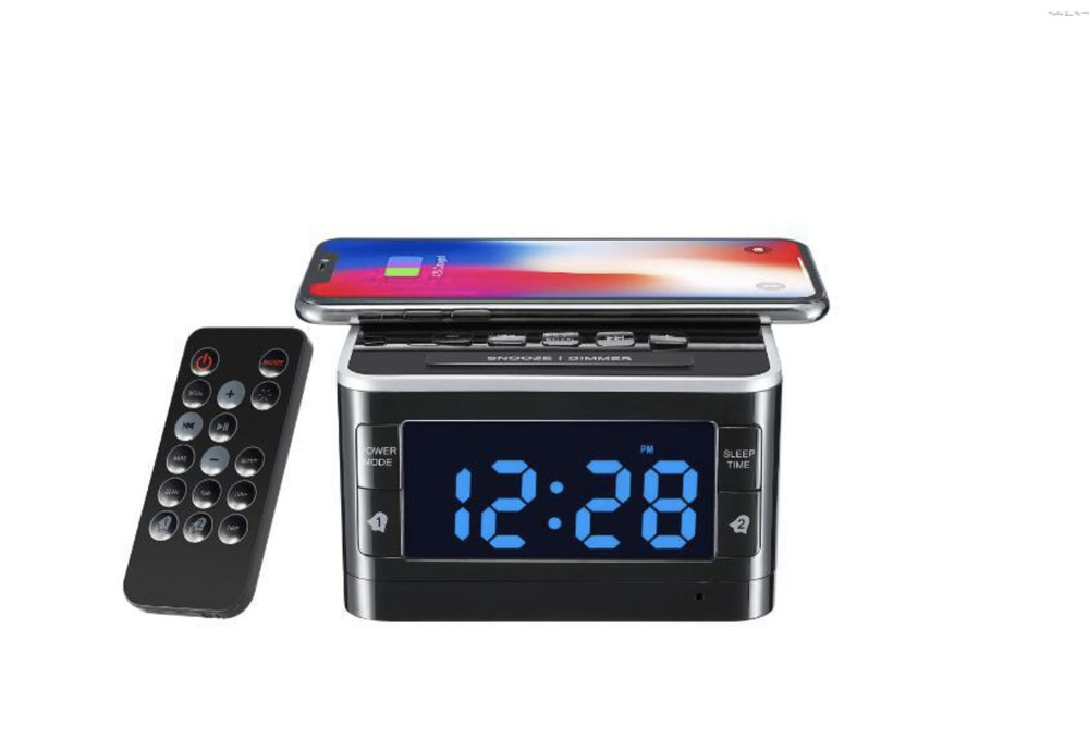 Часы будильник с крупными цифрами ЖК дисплеем и быстрой беспроводной зарядкой телефона встроенными колонками #1