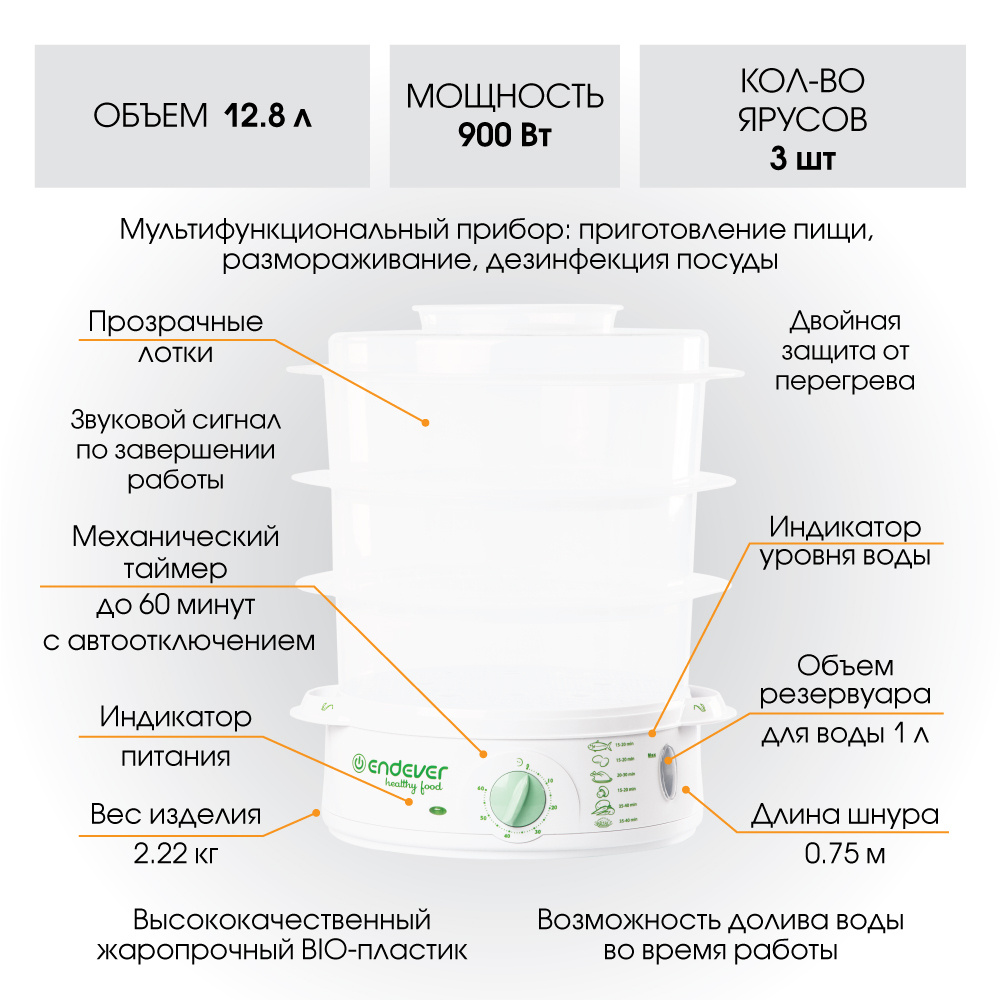 Пароварка Электрическая Endever Vita 12.8л, 900Вт, 3 яруса, таймер, двойная защита, белый  #1