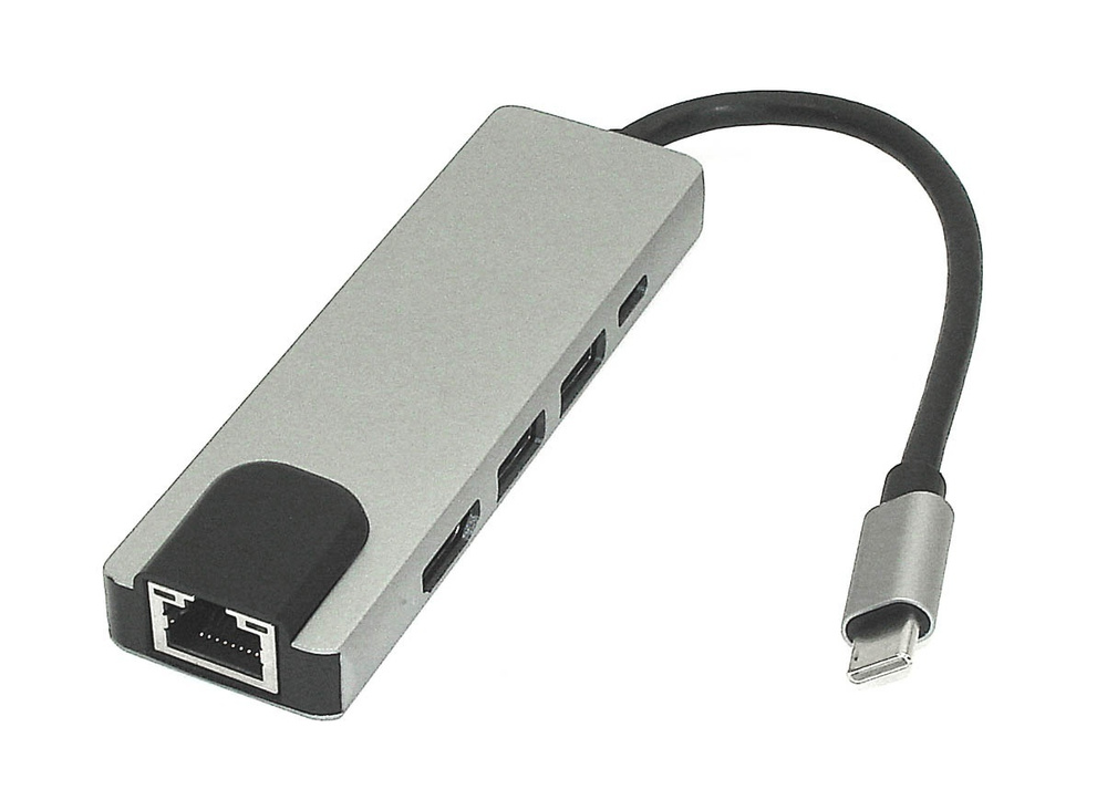 Адаптер Type-C (USB-концентратор) на HDMI + USB 3.0 x 2 порта + Type-C порт + RJ45, цвет серебристый #1