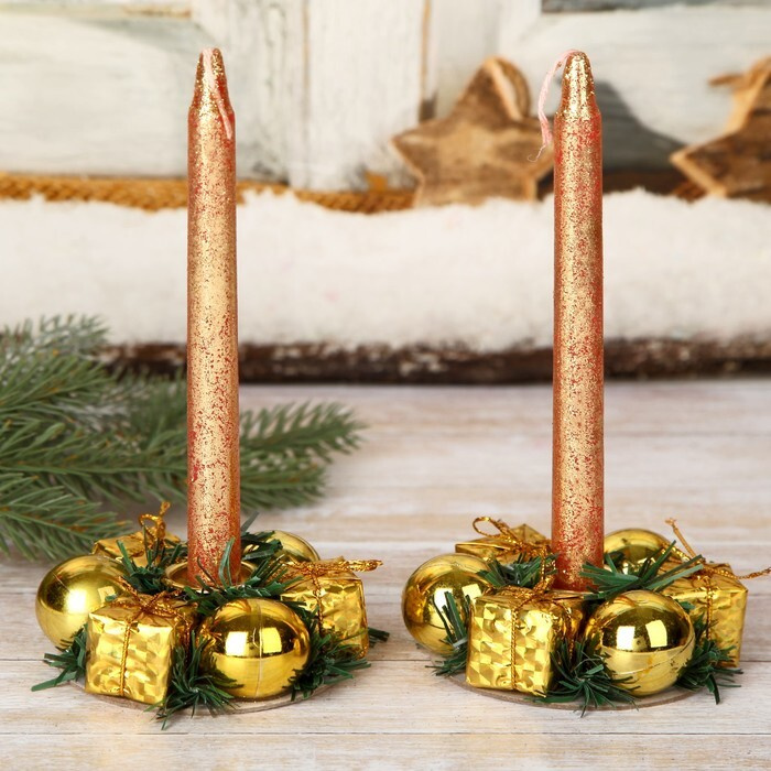 Свеча новогодняя с подсвечником "Шары и подарки" (набор 4 шт) 4х13,5х17 см, золото  #1