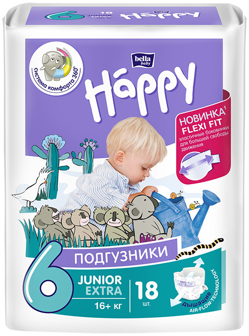 Подгузники для детей bella baby Happy Junior Extra дышащие, размер 6 (вес 16+ кг), 18 шт.  #1