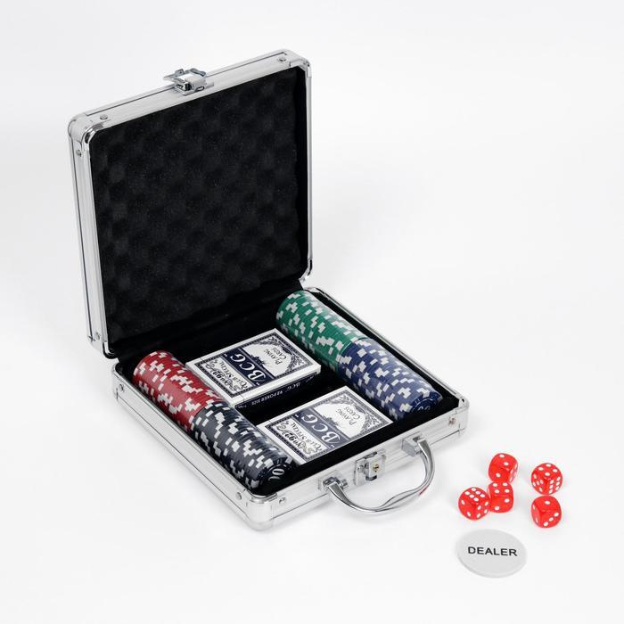 Покер в металлическом кейсе (2 колоды, фишки 100 шт с номиналом, 5 кубиков), 20 х 20 см  #1