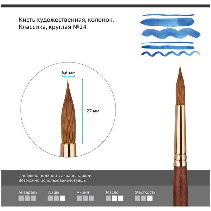 Кисть художественная колонок Гамма "Классика", круглая №24  #1