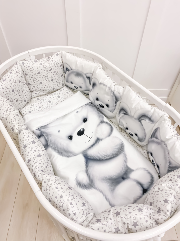 Комплект бортиков в детскую кроватку для новорожденных и малышей с постельным бельем "Пушистики" 80х100 #1