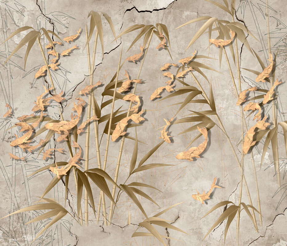 Фотообои флизелиновые на стену 3д GrandPik 17149 "Золотые рыбки в бамбуке", (ШхВ) 350х300 см  #1