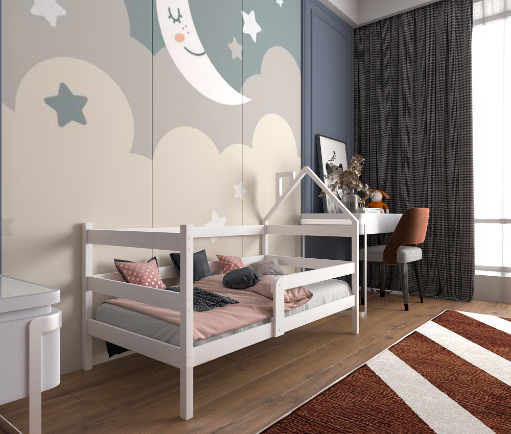 Кровать детская "Софа-домик", спальное место 180х90, белая, из массива  #1