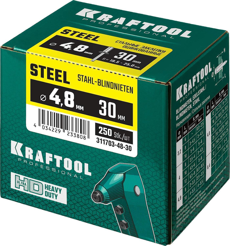 Заклепки вытяжные сталь 4.8x30 мм 250 шт Kraftool Steel 311703-48-30 #1