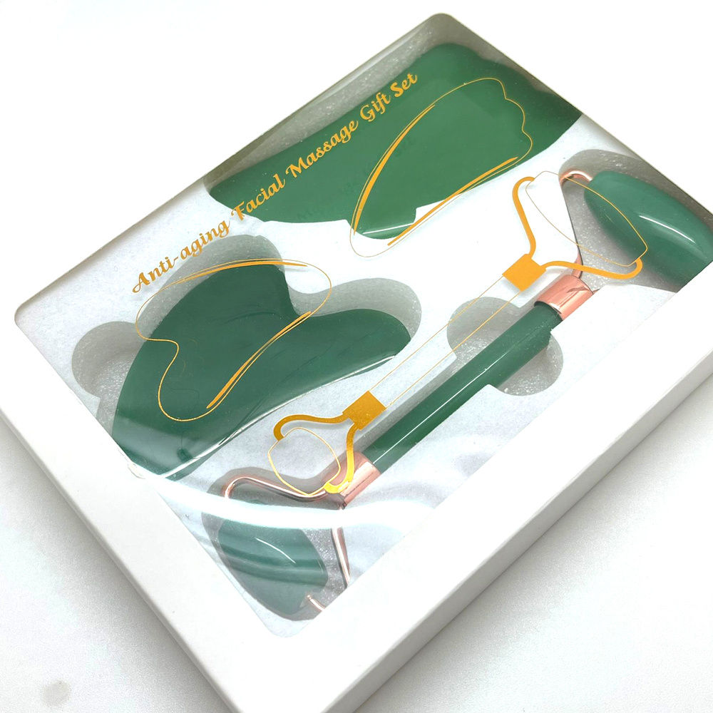 Подарочный набор "Массажер для лица двусторонний + 2 скребка гуаша" темно-зеленый агат GS08  #1