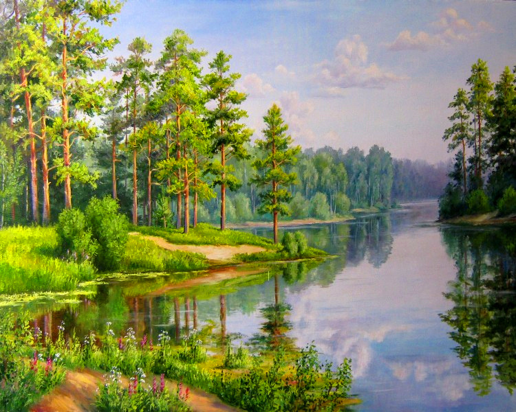 Картина по номерам на холсте 40х50 40 x 50 на подрамнике "Обворожительный лес у реки" DVEKARTINKI  #1
