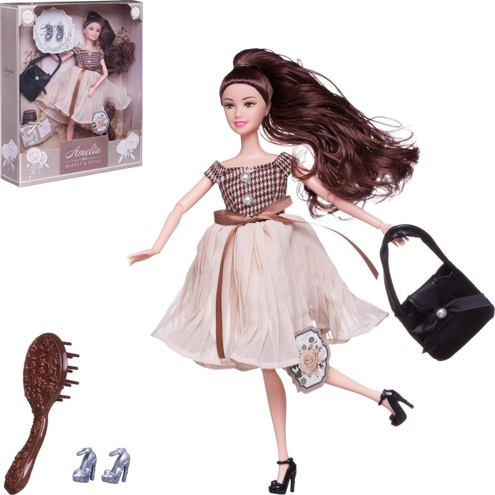 Кукла ABtoys Современный шикв платье с плиссированной юбкой, черная сумка, темные волосы 30 см  #1