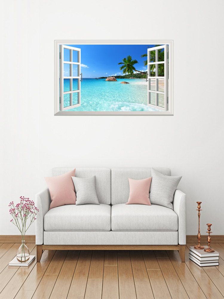 Наклейка интерьерная на стену "Окно с видом на сейшельские острова", 75х50 см самоклеющаяся  #1