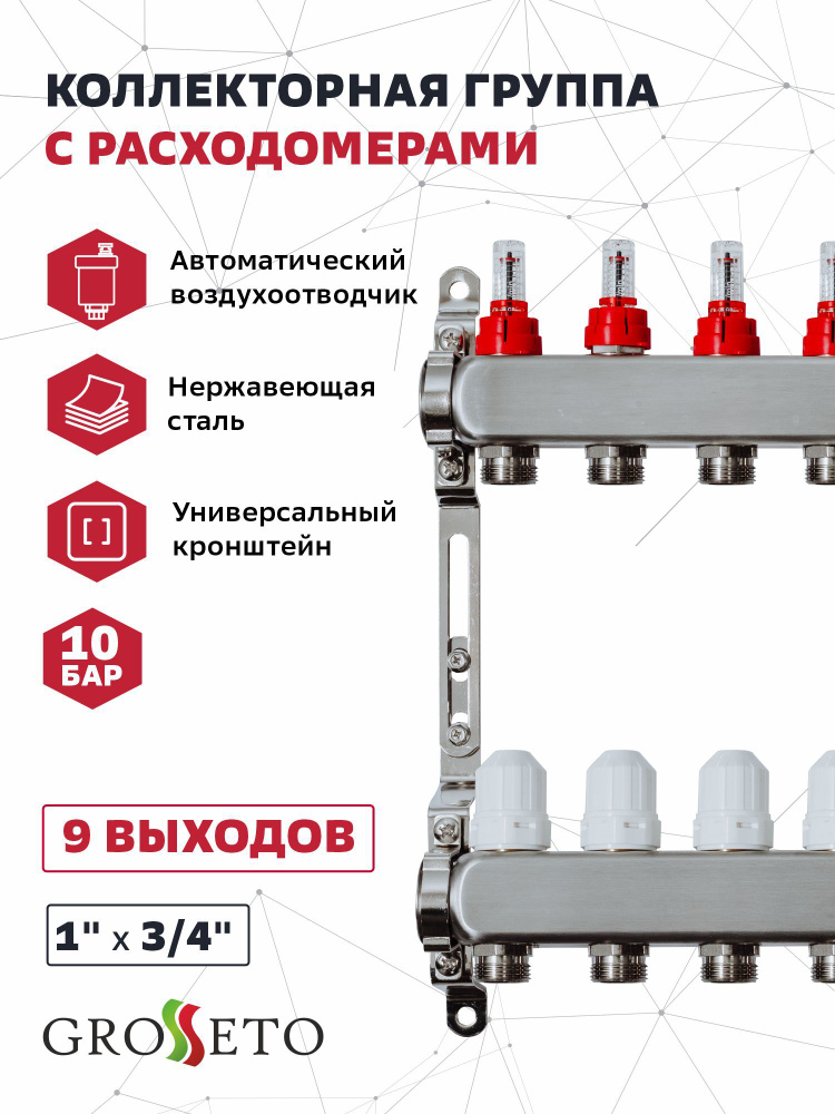 Коллек. группа с расходомерами 1"x3/4" 9 вых. Grosseto нержавейка 10 бар  #1