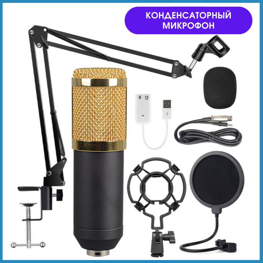 Микрофон студийный конденсаторный для стриминга Bm-800 с пантографом, пауком, поп-фильтром Уцененный #1