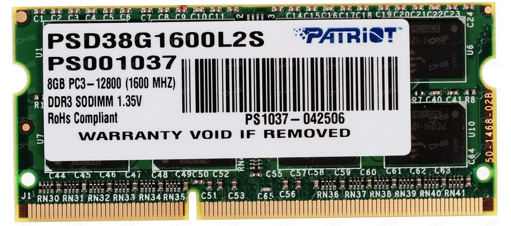 Patriot Memory Оперативная память Оперативная память Patriot Signature (PSD38G1600L2S) SODIMM DDR3L 8ГБ #1
