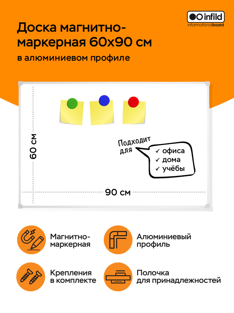 Доска магнитно-маркерная 60х90 в алюминиевом профиле, INFILD. Уцененный товар  #1