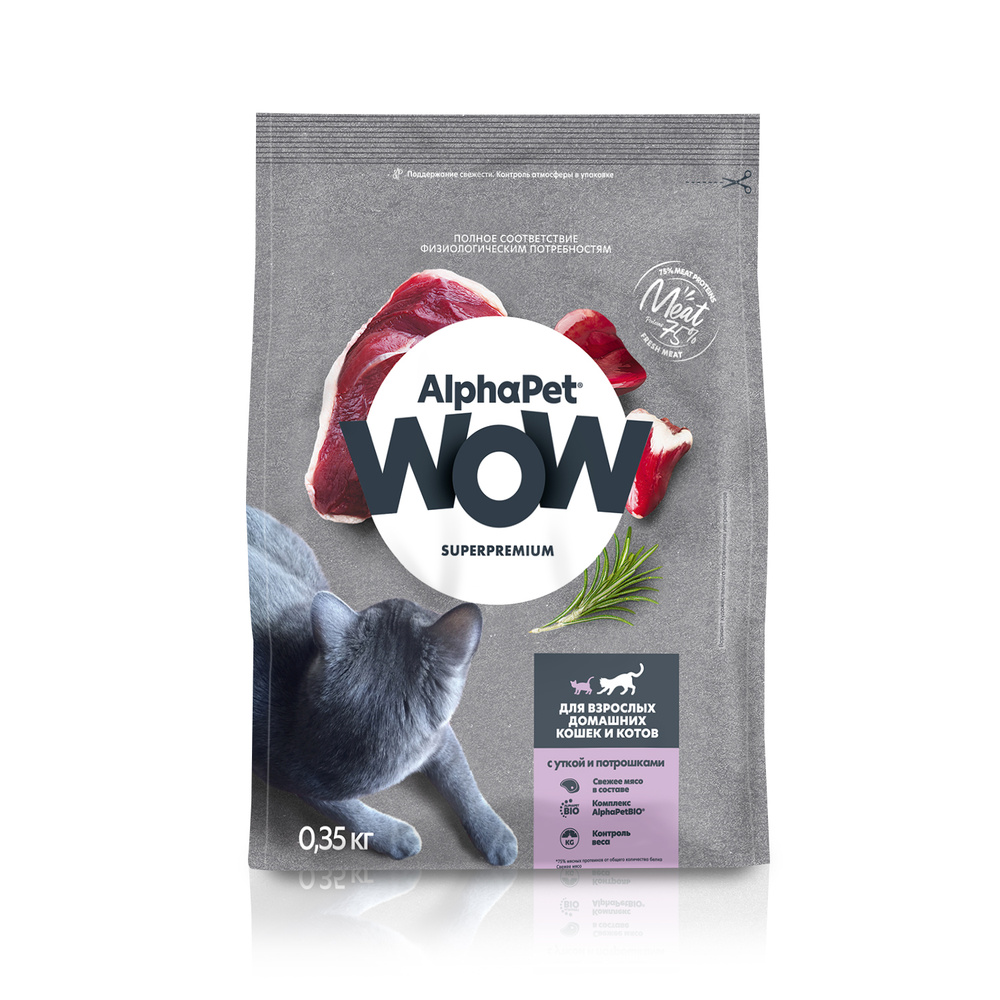 Сухой корм AlphaPet WOW для взрослых кошек с уткой и потрохами 0,35 кг  #1