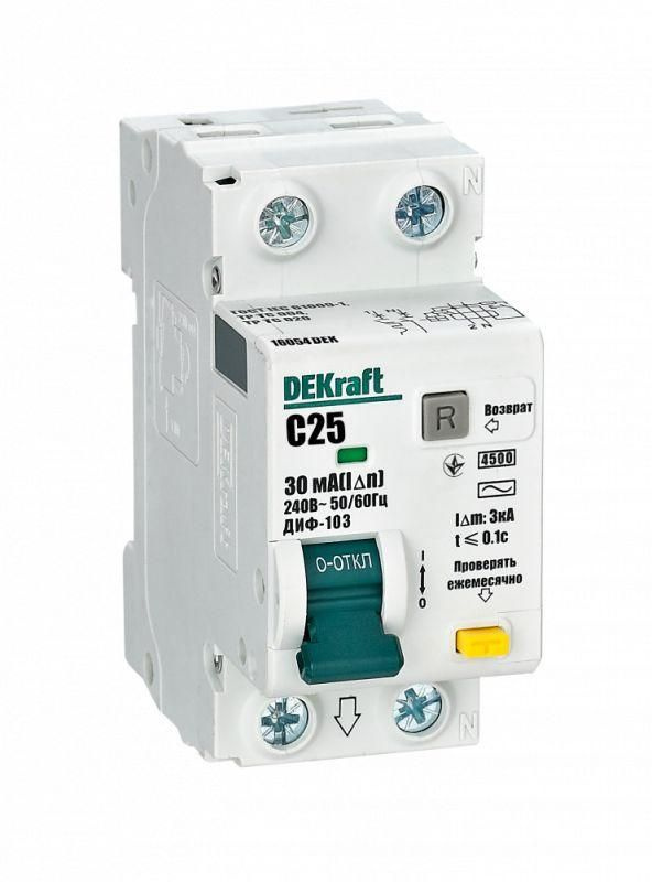 Выключатель автоматический дифференциального тока 2п (1P+N) C 25А 30мА тип AC 4.5кА ДИФ-103 DEKraft 16054DEK #1