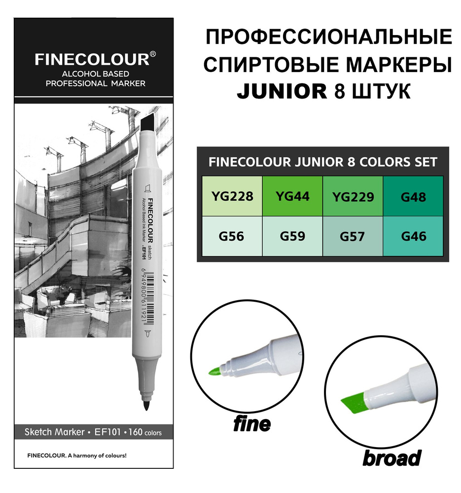 Спиртовые маркеры для скетчинга Finecolour Junior зеленые, 8 шт.  #1