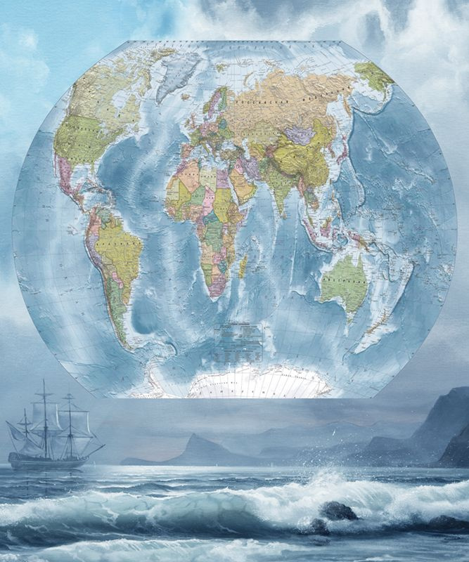 Фотообои флизелиновые на стену 3д GrandPik 80466 "Карта мира на русском, морская", 200х240 см(ШхВ)  #1