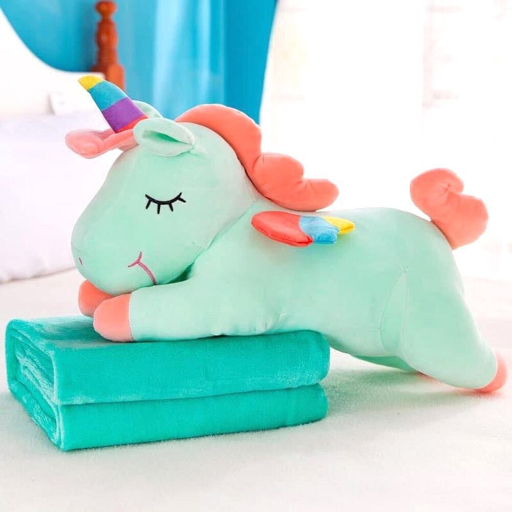 Мягкая игрушка подушка Единорог с пледом внутри,зеленый 3 в 1, 55 см  #1