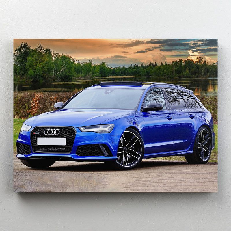Интерьерная картина на холсте "Синий универсал Audi A6 RS6 - Автомобиль на озере" на подрамнике 100x75 #1
