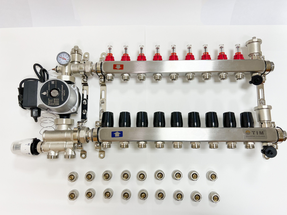 Комплект для водяного теплого пола с насосом: Коллектор 9 выхода с расходомерами + смесительный узел #1
