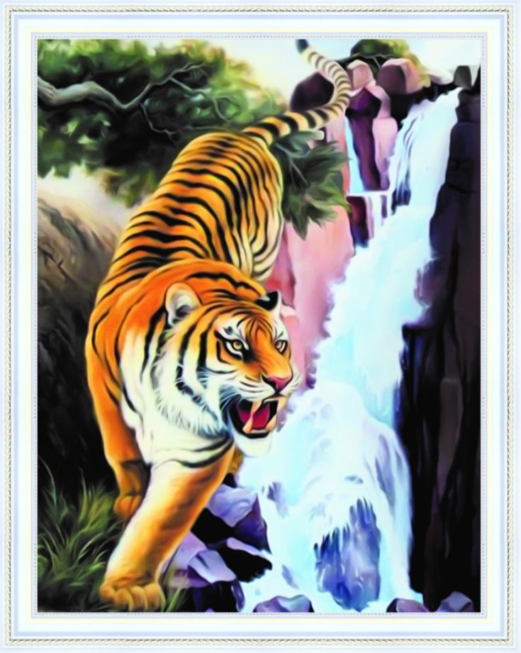 DVEKARTINKI Алмазная мозаика на подрамнике 40x50 см Полная выкладка круглые стразы 40х50Злой тигр у водопада #1