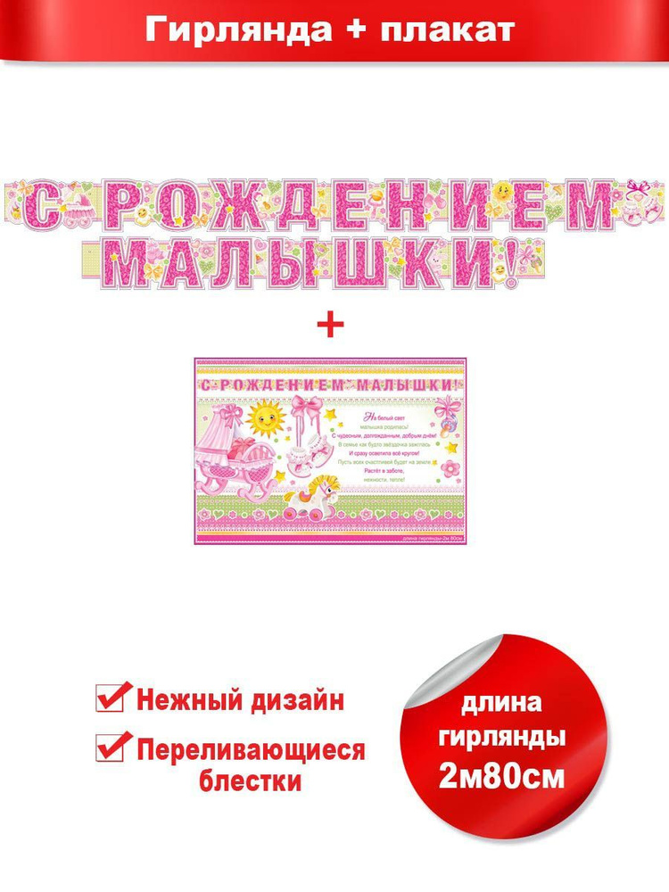 Растяжка на рождение девочки " С Рождением малышки !", ФДА.card с плакатом 35х50 см  #1