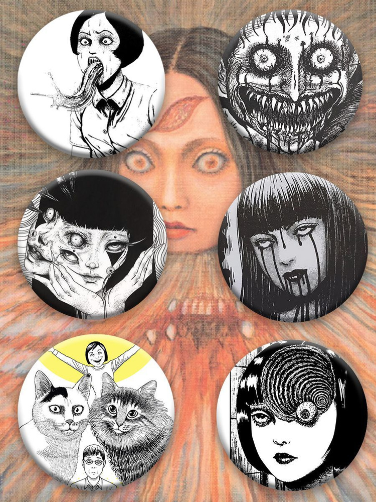 Дзюндзи Ито набор значков второй вариант 6 шт 44 мм/Junji Ito/ маньяк/ коллекция/ томиэ/ кошачий дневник/ #1