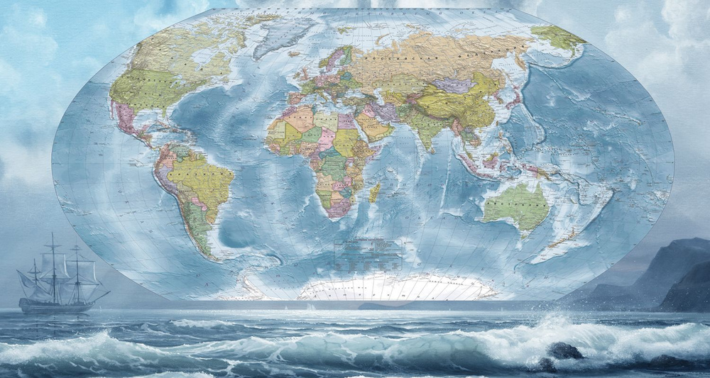 Фотообои флизелиновые на стену 3д GrandPik 80466 "Карта мира на русском, морская" , 500х270 см(Ширина #1