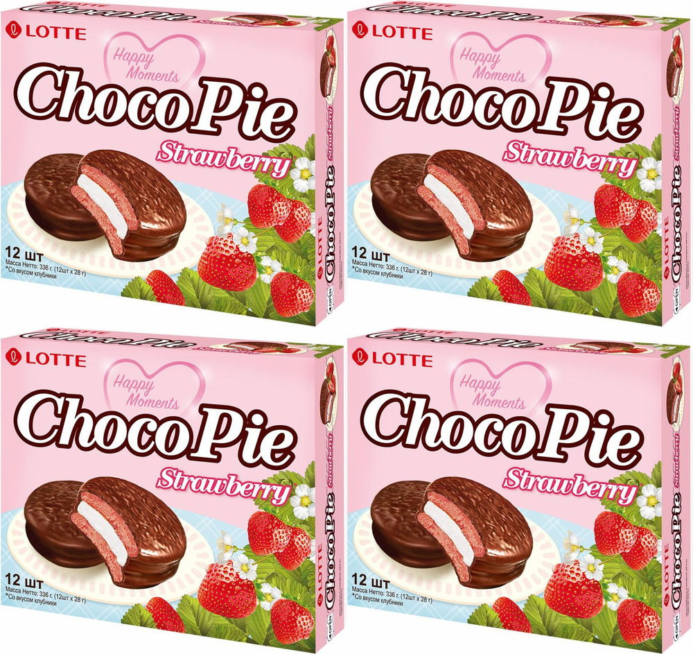 Печенье Lotte ChocoPie Strawberry прослоенное глазированное со вкусом клубники, комплект: 4 упаковки #1