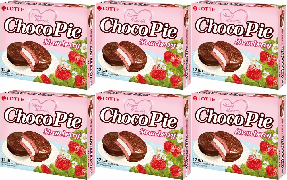 Печенье Lotte ChocoPie Strawberry прослоенное глазированное со вкусом клубники, комплект: 6 упаковок #1