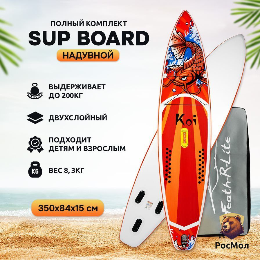 Надувная доска, сап доска для серфинга SUP с веслом и страховочной веревкой Funwater Koi 350x84x15см #1