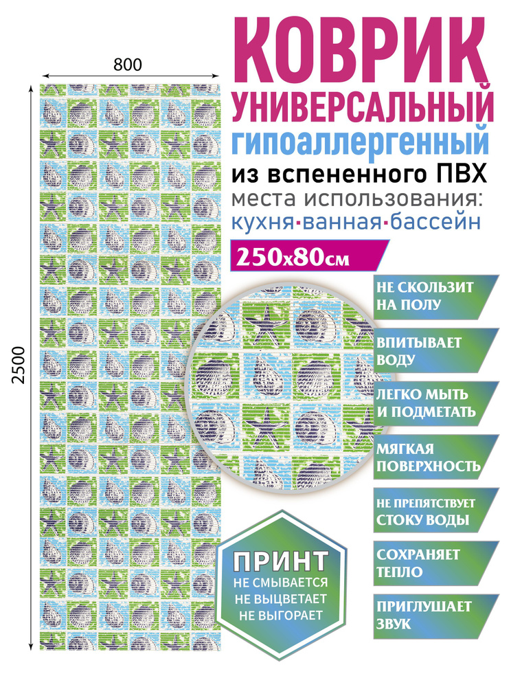 Коврик для ванной противоскользящий быстросохнущий 80х250  #1