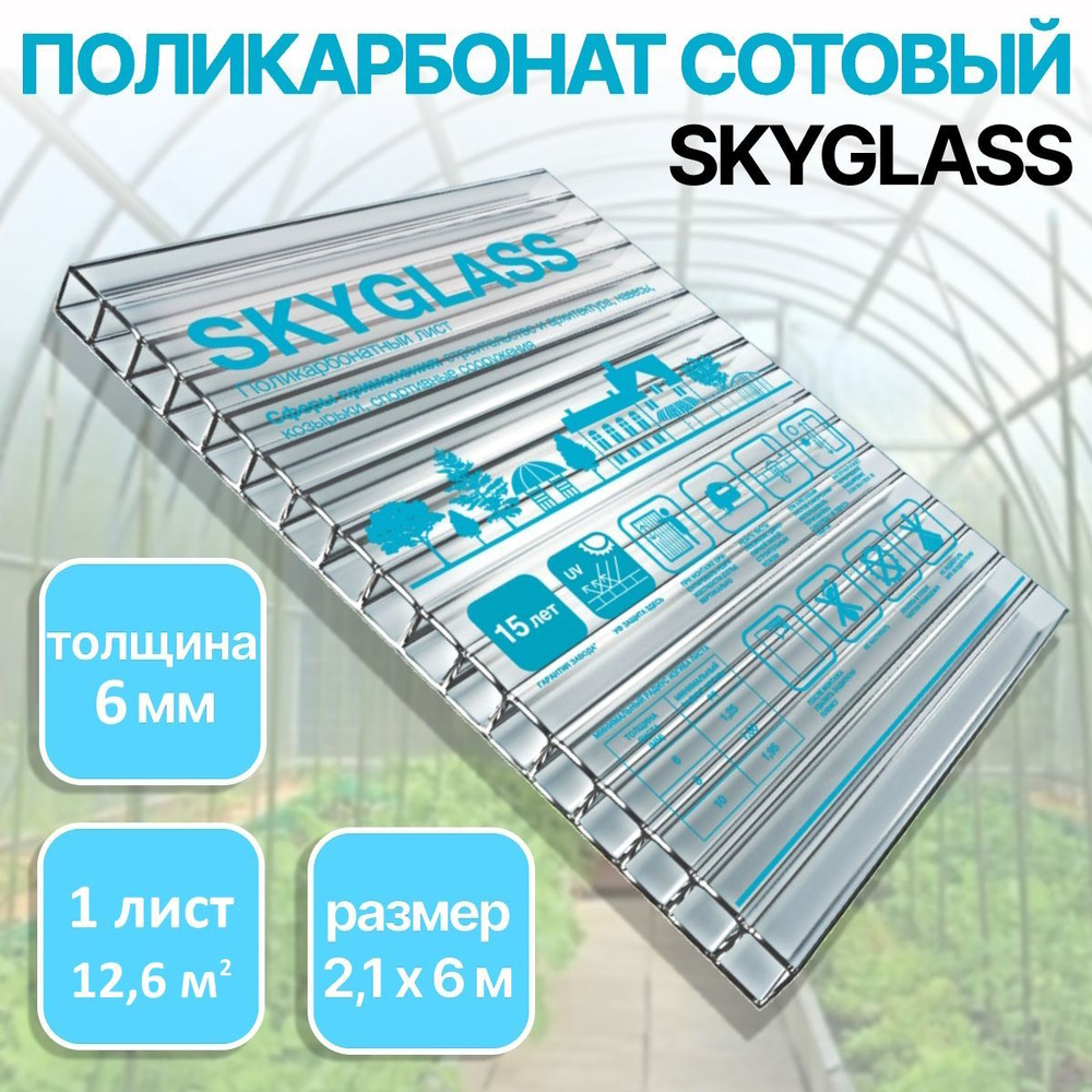 Сотовый поликарбонат для теплиц SKYGLASS 6 мм, размер 6 м х 2,1 м (1 лист)  #1