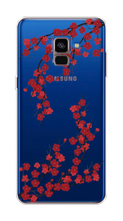 Силиконовый чехол на Samsung Galaxy A8 2018 / Самсунг A8 (2018) - "Красная сакура", прозрачный  #1