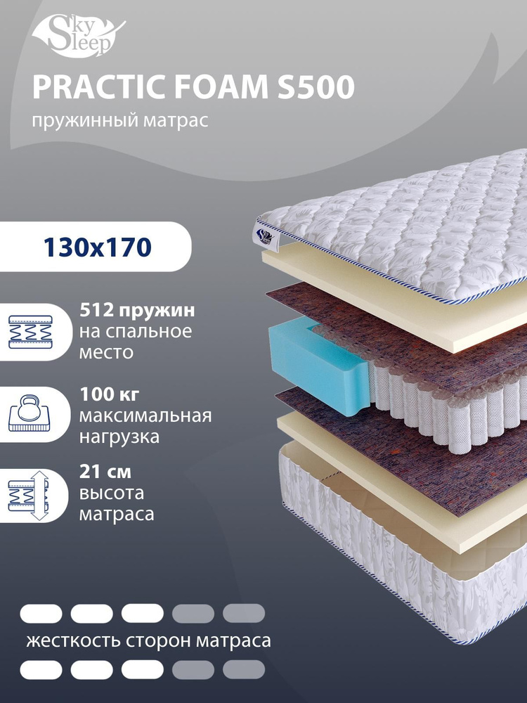 Матрас, Ортопедический матрас SkySleep PRACTIC FOAM S500 Жесткость средняя, Полутороспальный, Независимые #1