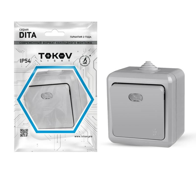Выключатель 1-кл. ОП Dita IP54 10А 250В с индикацией сер. TOKOV ELECTRIC TKL-DT-V1I-C06-IP54  #1