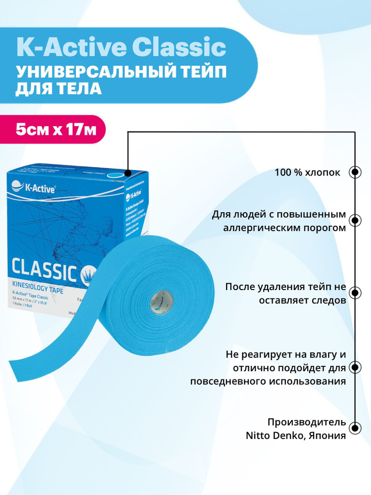 K-Active Кинезиотейп Classic 5см*5м зеленый в пленке 5см Х 1700 см, голубой  #1