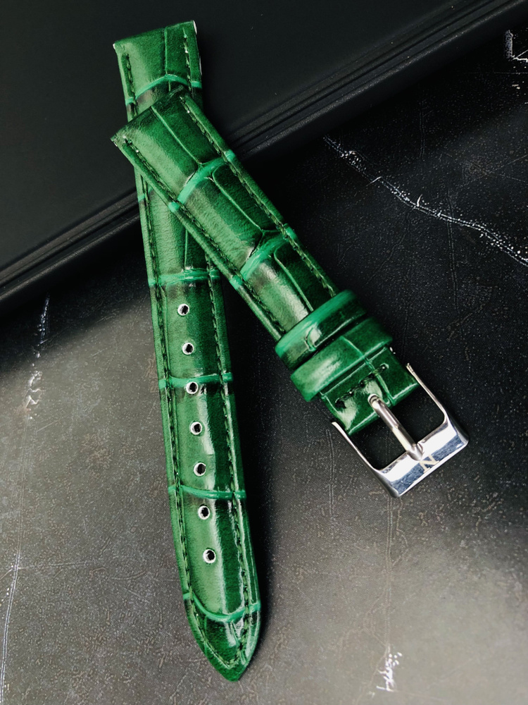 Ремешок для часов NAGATA кожаный 16 мм, зеленый, под рептилию  #1