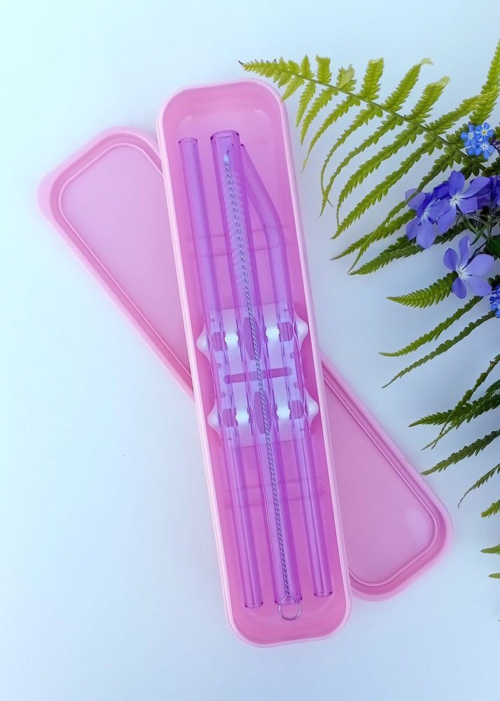 Трубочки коктейльные стеклянные, пурпурные, многоразовые в пластиковом кейсе. 3 шт. + 1 ёршик. Размер: #1