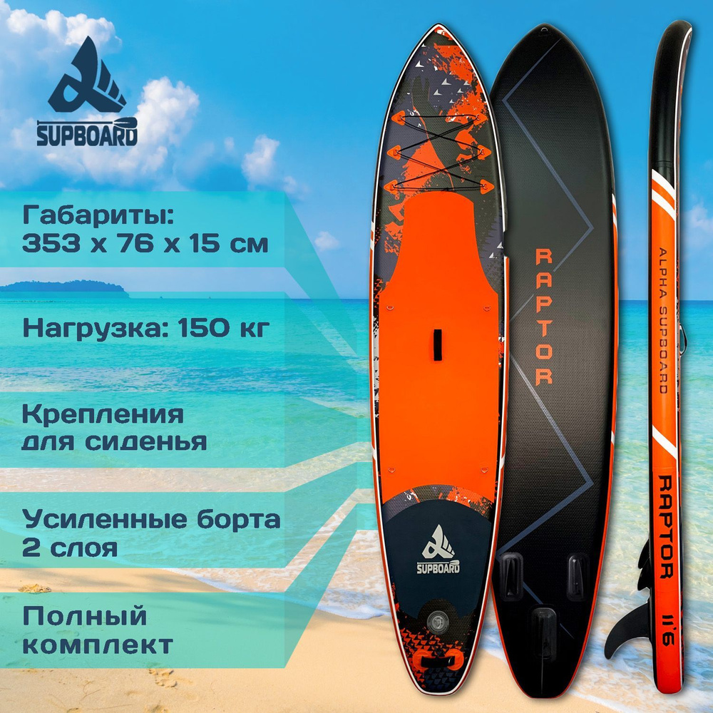 Надувная SUP-доска Сапборд Alpha Supboard RAPTOR-11.6 BLACK (353 x 76 x 15 см) с насосом, веслом и страховочным #1