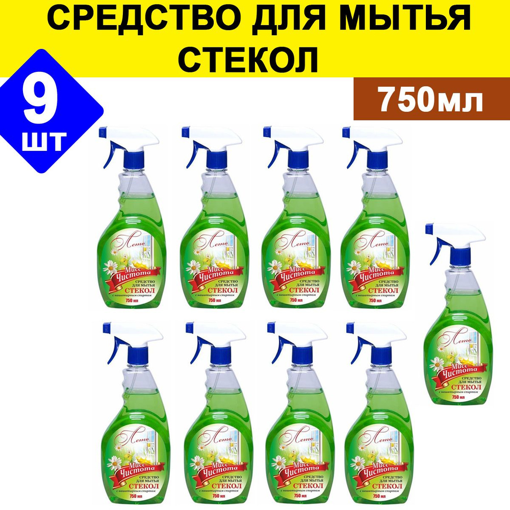 Комплект 9 шт, Средство для мытья стекол "Мисс Чистота" ЛЕТО, 750 мл  #1