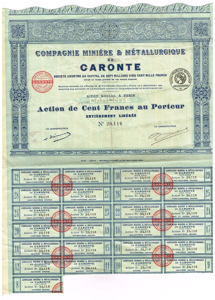 Ценная бумага Акция № 20166 на 100 франков. Горнодобывающая и металлургическая компания Каронта. Франция, #1