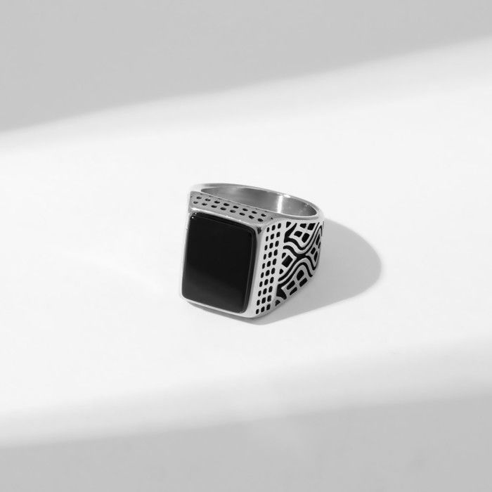 Кольцо мужское "Перстень" волны, цвет чёрный в серебре, 18 размер 1 шт.  #1