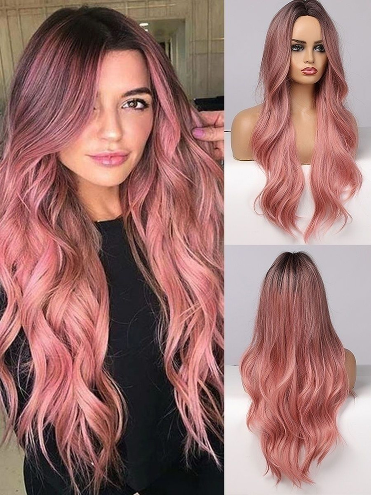 Парик женский длинный омбре розовый, имитация натуральных волос  #1