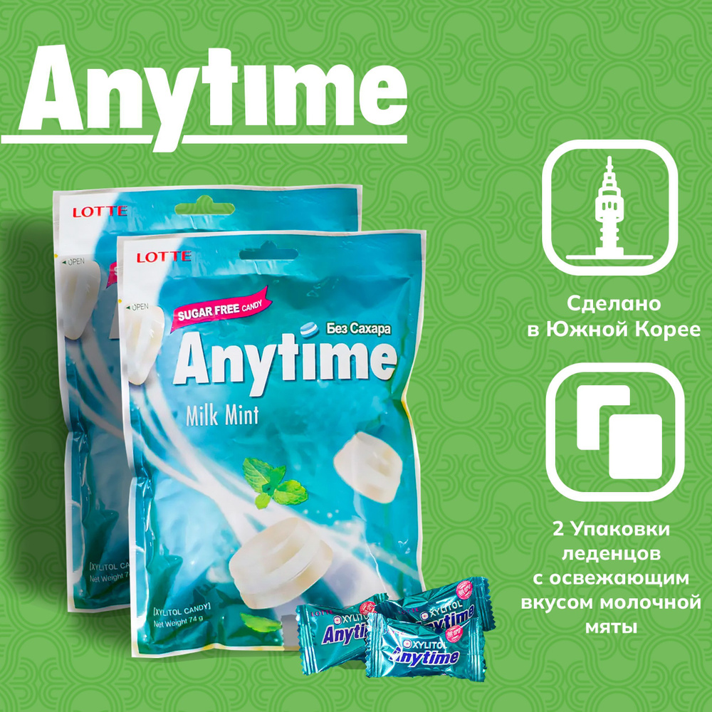 Конфеты леденцы без сахара Anytime с освежающим вкусом молочной мяты 2 ...